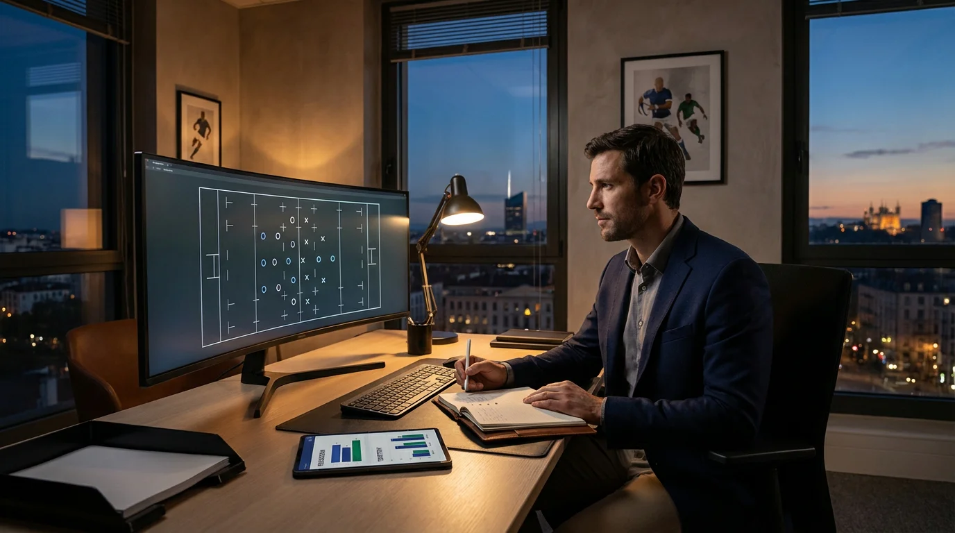Analyste sportif travaillant sur un schéma tactique de rugby dans un bureau moderne