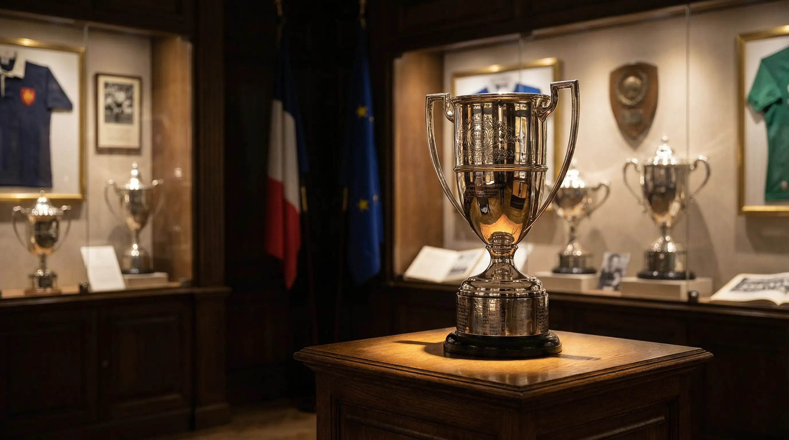 Trophée de rugby prestigieux exposé dans un musée sportif avec d'autres coupes en arrière-plan