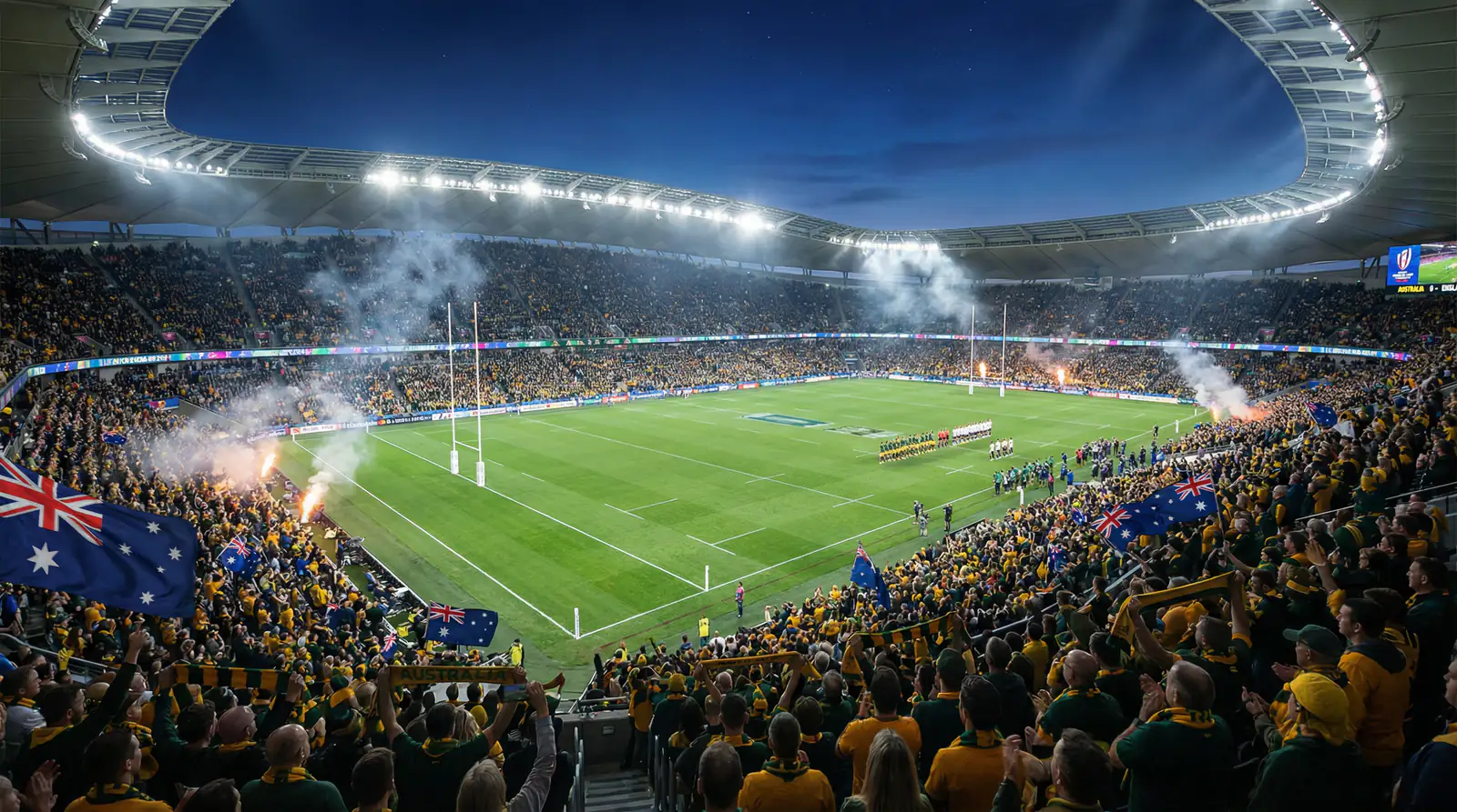 Coupe du Monde de Rugby 2027 en Australie avec stade illumine et supporters