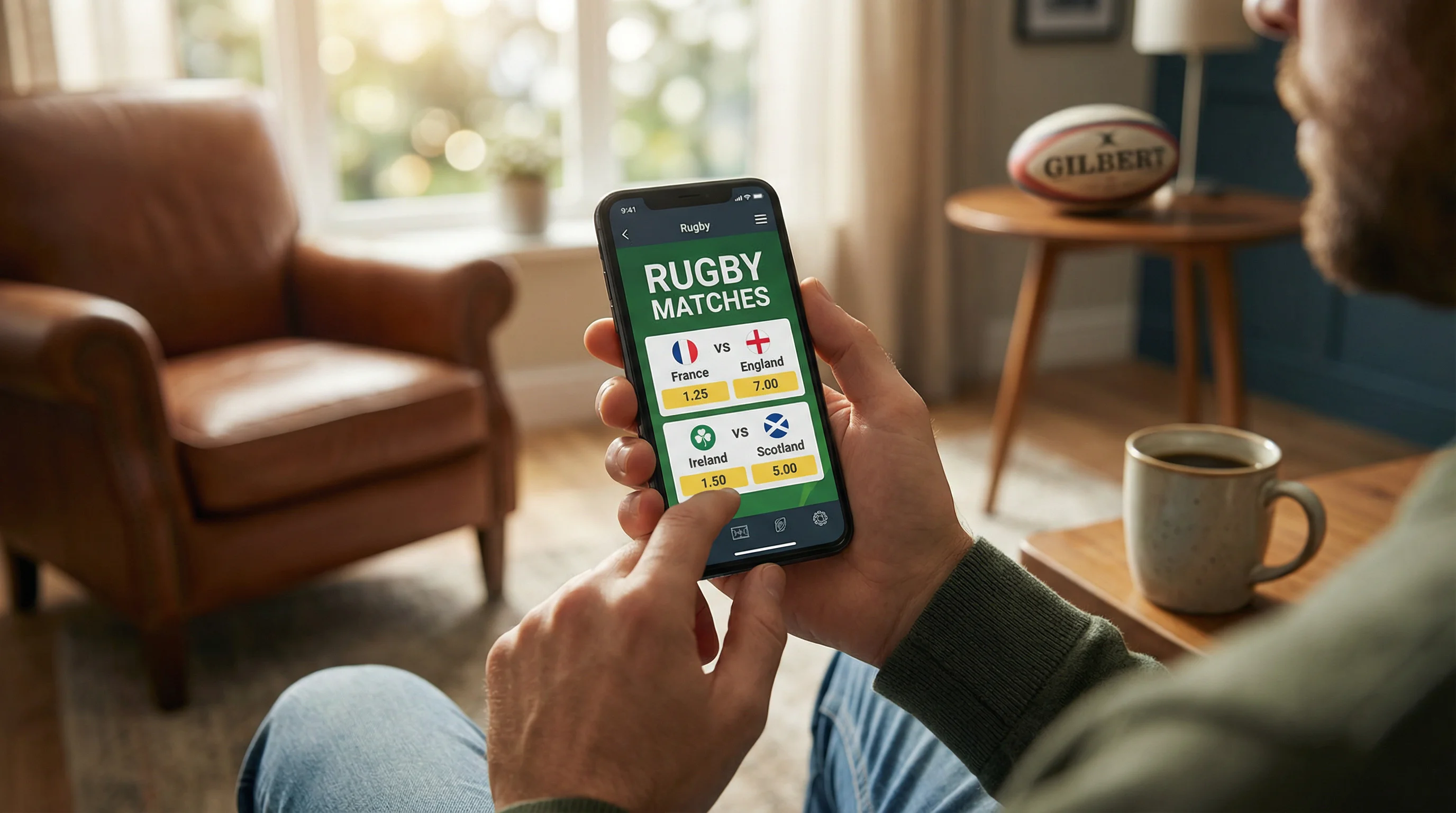Personne consultant une application de paris sportifs sur smartphone dans un salon moderne